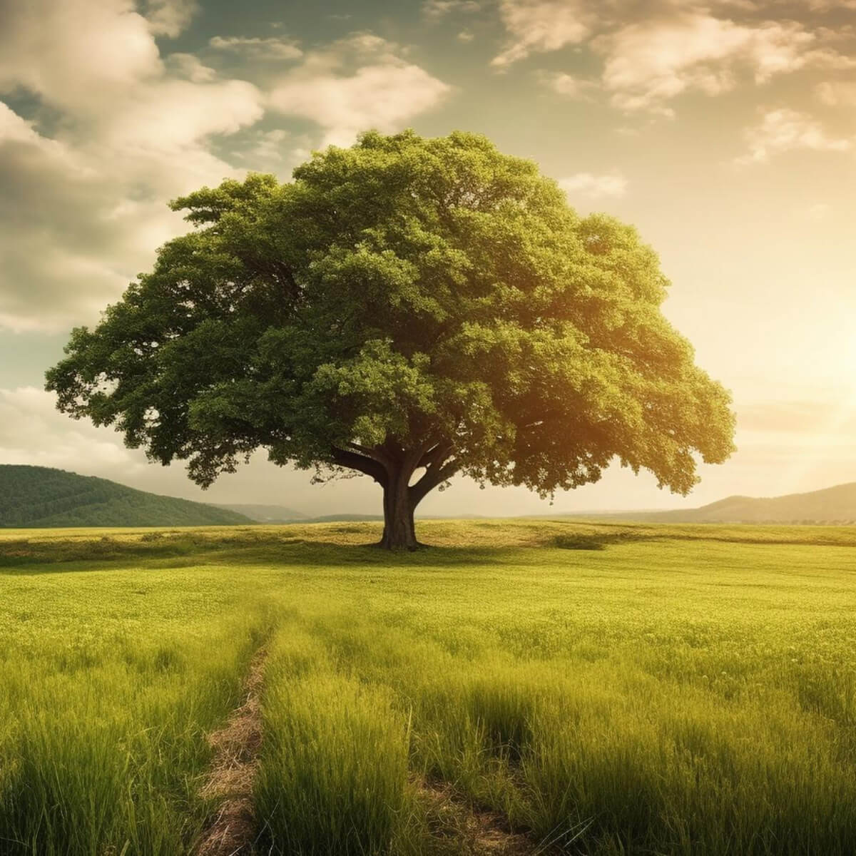 Green meadow tree and sunset beauty generated by ai